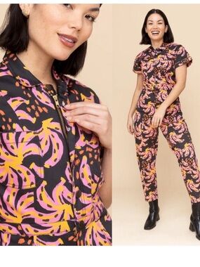 Mixed by Nasrin Banana Nana Tropical Print Black Cotton Jumpsuit Size XXXL